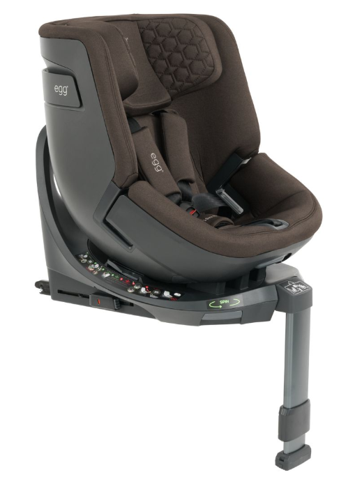Egg toddler 360 convertible car seat in chocolate velvet brown upholstery with hexagonal patterned headrest and dark gray base