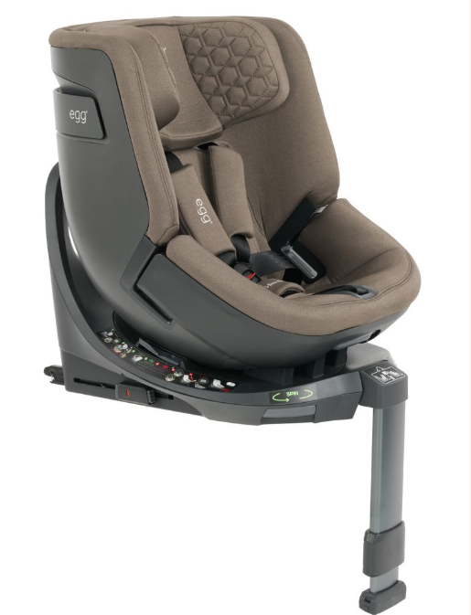 Egg3 mink all stages 360 infant and toddler car seat in brown quilted fabric with black plastic base and adjustable harness