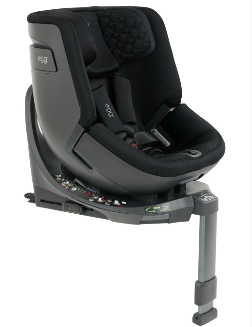 Black egg toddler 360 convertible car seat in panther with sleek design and padded fabric upholstery