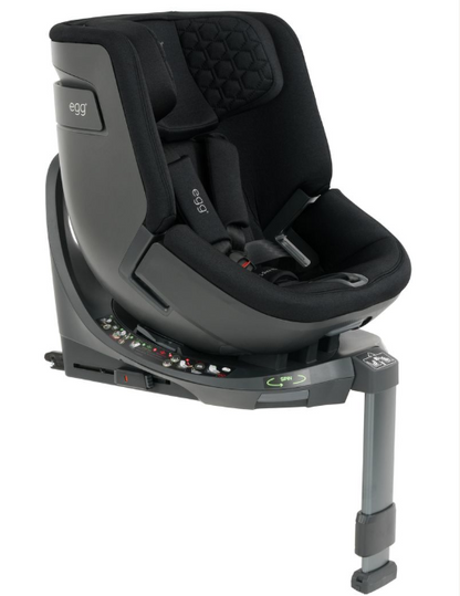 Black egg3 panther all stages 360 convertible car seat with sleek padded fabric upholstery and isofix base