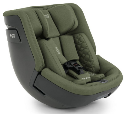 Olive green fabric car seat with black plastic frame and egg branding for egg3 sage all stages 360 bundle