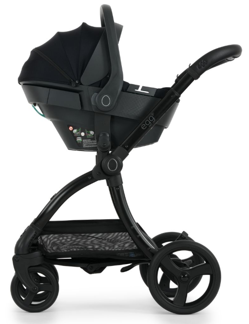 Black egg stroller with sleek modern design and matching infant car seat in egg3 panther all stages 360 bundle