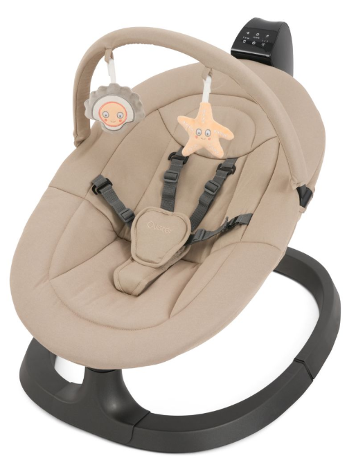 Beigestyle oyster ocean rocker buttermilk baby rocker with black base and plush star face toys on arch
