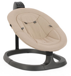 Beige fabric baby swing with black plastic frame and control panel babystyle oyster ocean rocker buttermilk