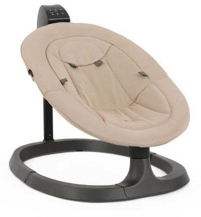Beige fabric baby swing with black plastic frame and control panel babystyle oyster ocean rocker buttermilk