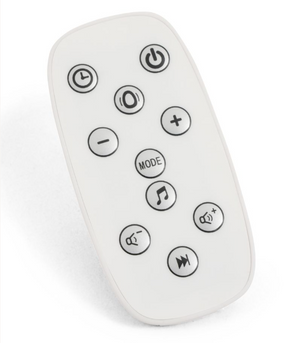 White plastic remote control with rounded edges and black buttons for babystyle oyster ocean rocker buttermilk