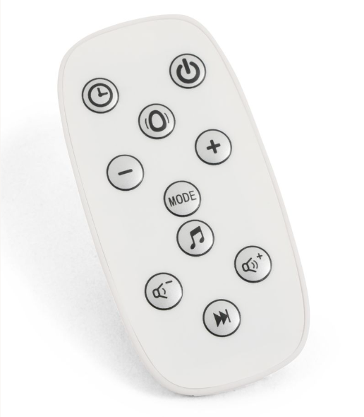 White plastic remote control with rounded edges and black buttons for babystyle oyster ocean rocker buttermilk