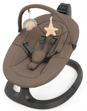 Babystyle oyster ocean rocker mink baby rocker in brown with plush star and sun toys hanging from arch