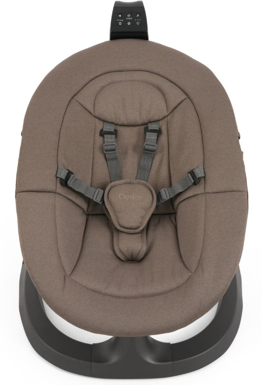 Babystyle oyster ocean rocker mink baby bouncer in brown with gray harness straps and black control panel on top