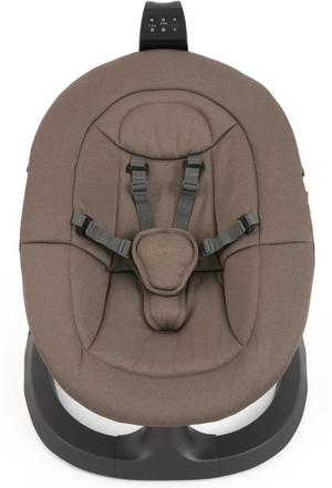 Babystyle oyster ocean rocker mink baby bouncer in brown with gray harness straps and black control panel on top