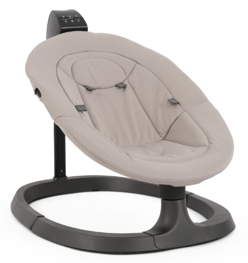 Beige upholstered baby swing with black plastic frame and control panel babystyle oyster ocean rocker stone