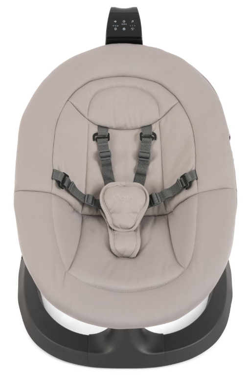 Babystyle oyster ocean rocker stone beige upholstered baby rocker with gray harness straps and black control panel on top