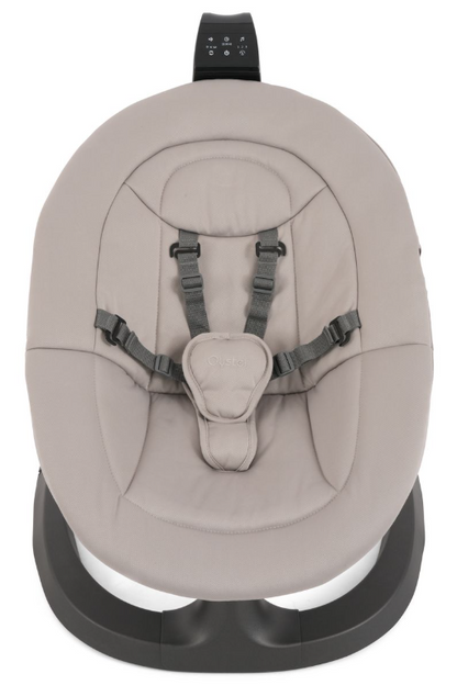 Babystyle oyster ocean rocker stone beige upholstered baby rocker with gray harness straps and black control panel on top