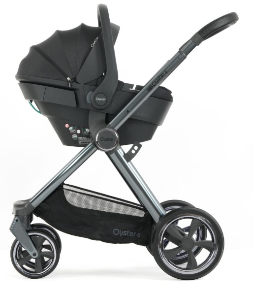 Black oyster4 stroller with sleek metallic frame and matching car seat in oyster 4 carbonite essentials travel system