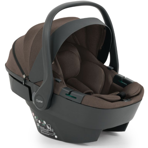Brown oyster infant car seat with sleek modern design soft fabric interior part of oyster 4 chocolate velvet travel system