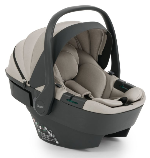 Beige and black cybex infant car seat with sleek modern design in oyster 4 stone essentials travel system with rotating isofix base