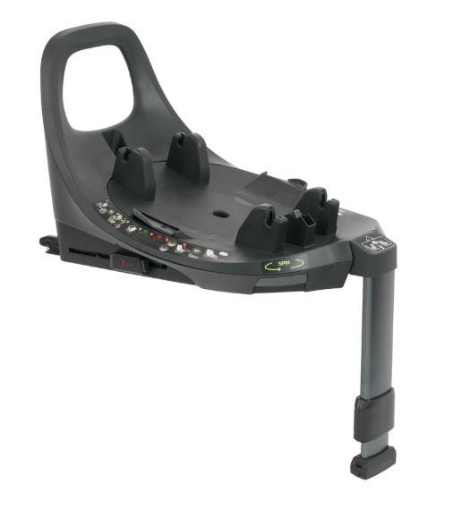 Black plastic infant car seat base with adjustable side supports and sturdy pedestal leg in oyster 4 buttermilk travel system