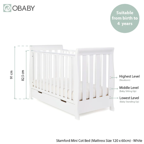 OBaby Stamford Mini Sleigh Cot Bed - White
