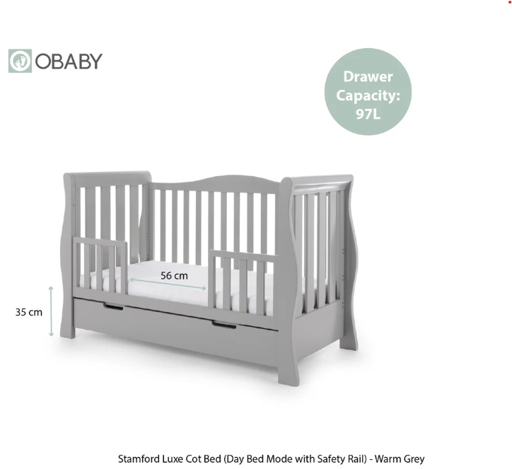 OBaby Stamford Luxe Cot Bed - Warm Grey with Under Bed Drawer