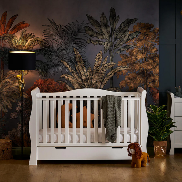 OBaby Stamford Luxe Sleigh Cot Bed - White with Under Bed Drawer