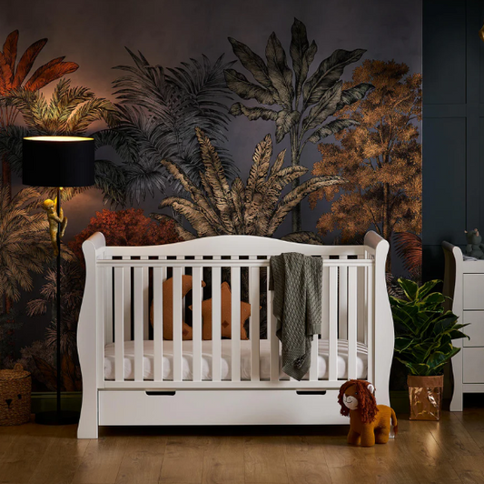 OBaby Stamford Luxe Sleigh Cot Bed - White with Under Bed Drawer
