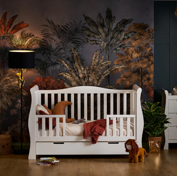OBaby Stamford Luxe Sleigh Cot Bed - White with Under Bed Drawer