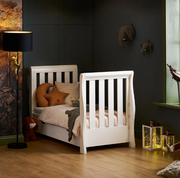 OBaby Stamford Luxe Sleigh Cot Bed - White with Under Bed Drawer