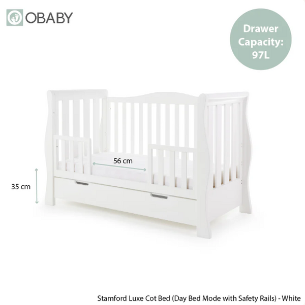OBaby Stamford Luxe Sleigh Cot Bed - White with Under Bed Drawer