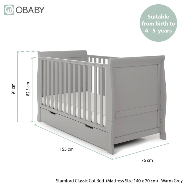 OBaby Stamford Classic Cot Bed - Warm Grey with Under Bed Drawer