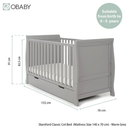 OBaby Stamford Classic Cot Bed - Warm Grey with Under Bed Drawer
