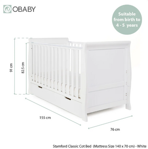OBaby Stamford Classic Cot Bed - White with Under Bed Drawer