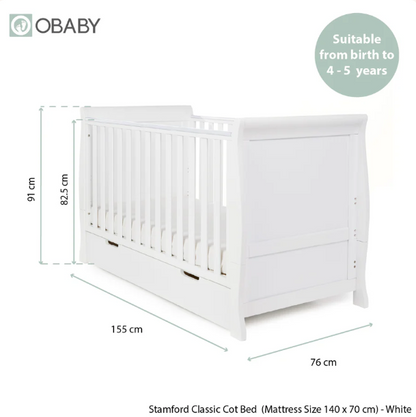 OBaby Stamford Classic Cot Bed - White with Under Bed Drawer