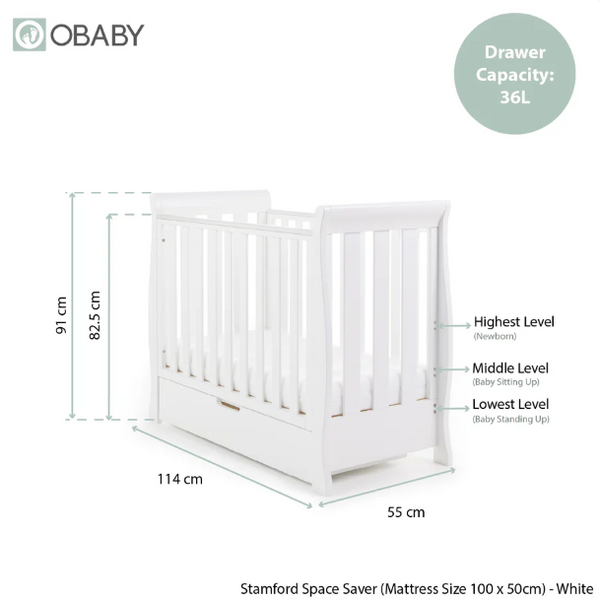 OBaby Stamford Space Saving Sleigh Cot - White