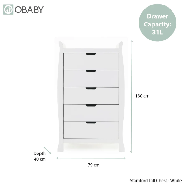 OBaby Stamford Sleigh Tall Chest of Drawers - White