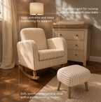 uddleCo Etta Nursing Chair and Footstool Beach Stripe beige and cream striped nursery rocking chair set