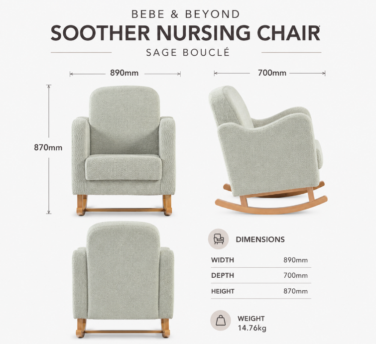Bebe & Beyond Soother Nursing Chair Sage Green Bouclé upholstered nursery rocking chair with wooden rocking base dimenstions
