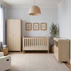 Bebe & Beyond Seeker Nordic 3 Piece Nursery Furniture Set with convertible cot bed, changing unit and matching wardrobe in light wood effect