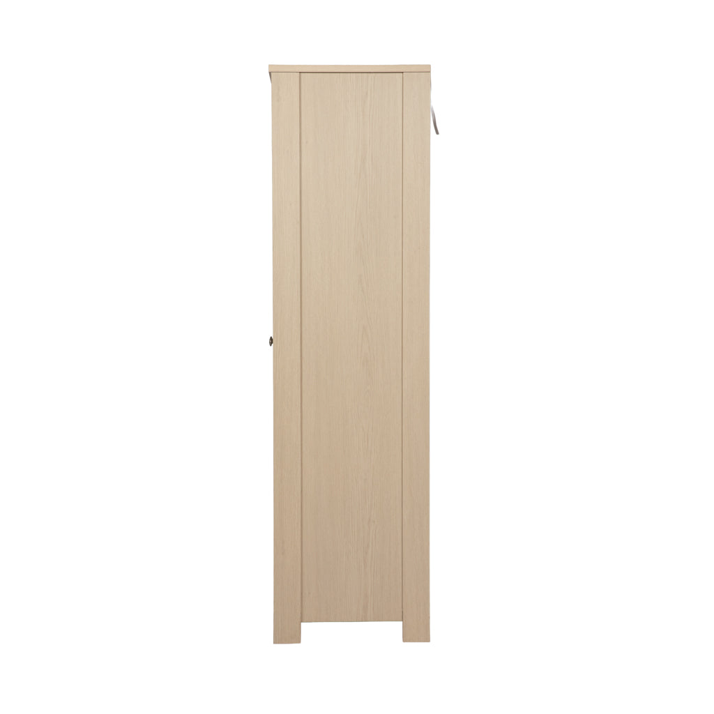 Bebe & Beyond Seeker Nordic Nursery Wardrobe in light textured wood-effect finish with two doors and brushed metal handles side view