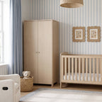 Bebe & Beyond Seeker Nordic Nursery Wardrobe in light textured wood-effect finish with two doors and brushed metal handles