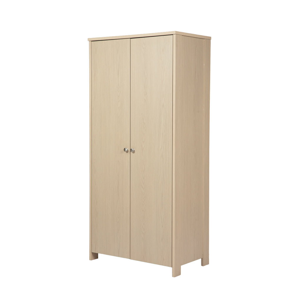 Bebe & Beyond Seeker Nordic Nursery Wardrobe in light textured wood-effect finish with two doors and brushed metal handles front view