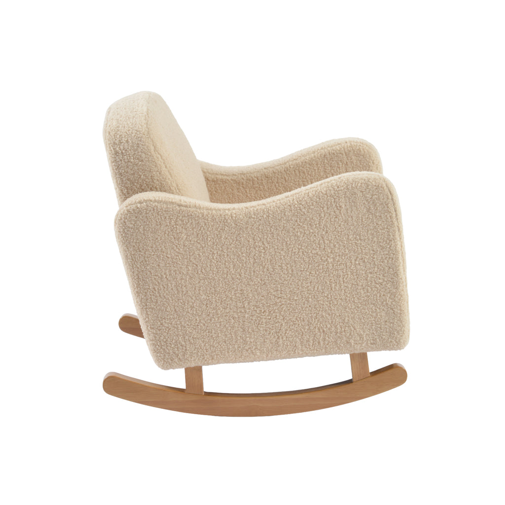 Bebe & Beyond children's rocking armchair in neutral oatmeal teddy fabric side view 