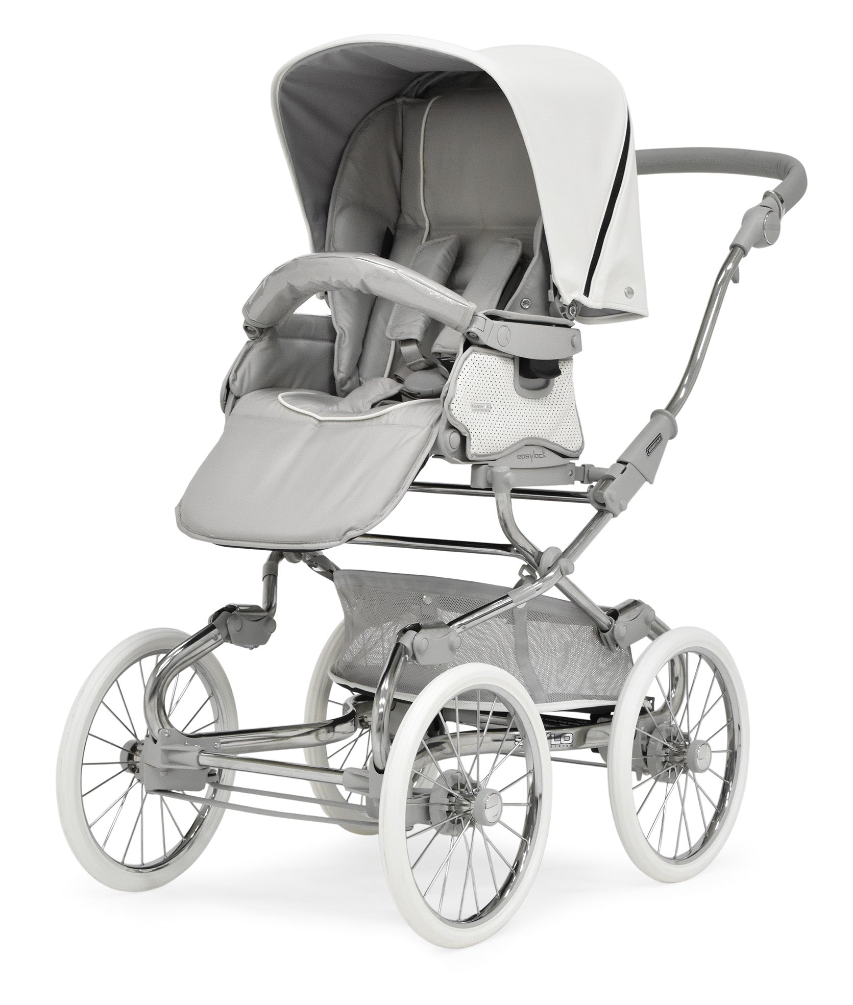 Bebecar stylo class porcelaine pram and pushchair in gray and white with sleek metallic frame and classic spoked wheels