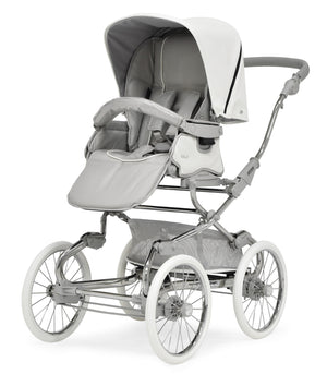 Bebecar stylo class porcelaine pram and pushchair in gray and white with sleek metallic frame and classic spoked wheels