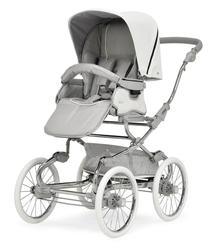 Bebecar stylo class porcelaine pram and pushchair in gray and white with sleek metallic frame and classic spoked wheels