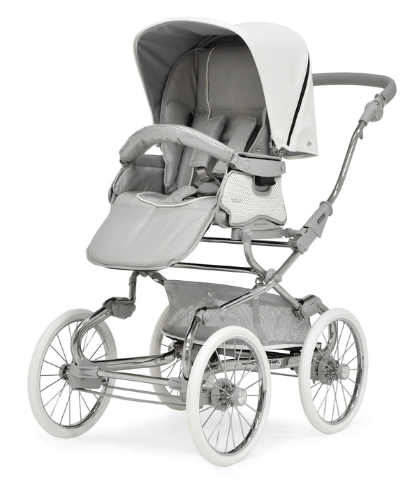 Bebecar stylo class porcelaine pram and pushchair in gray and white with sleek metallic frame and classic spoked wheels