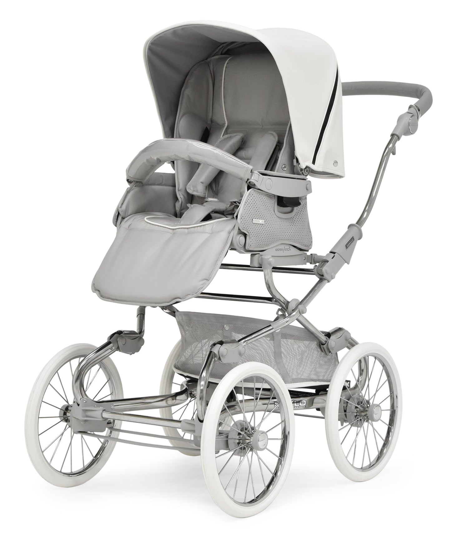 Bebecar stylo class halo pram and pushchair gray and white with sleek metallic frame soft fabric canopy and classic spoked wheels