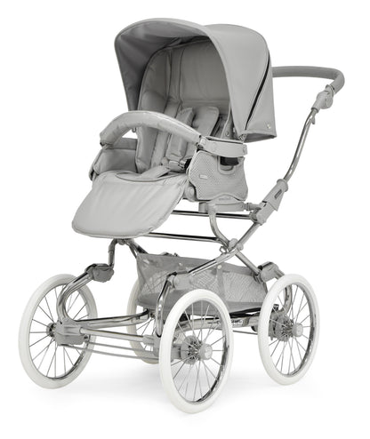 Bebecar stylo class graphite pram and pushchair in gray with chrome frame and white wheels shown from the back side