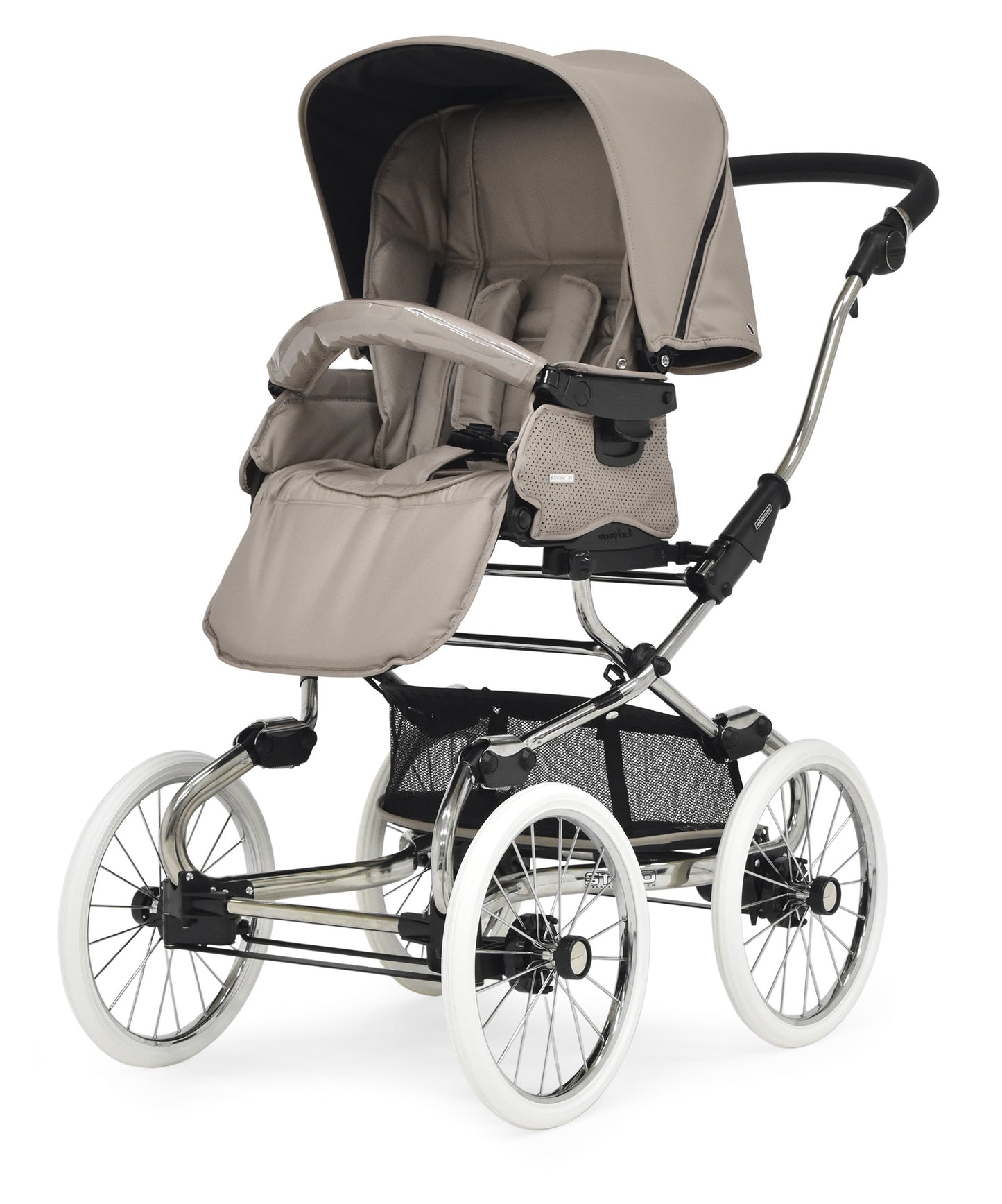 Begecar stylo class truffle pram and pushchair with beige and black fabric, chrome frame, white-walled wheels, and canopy