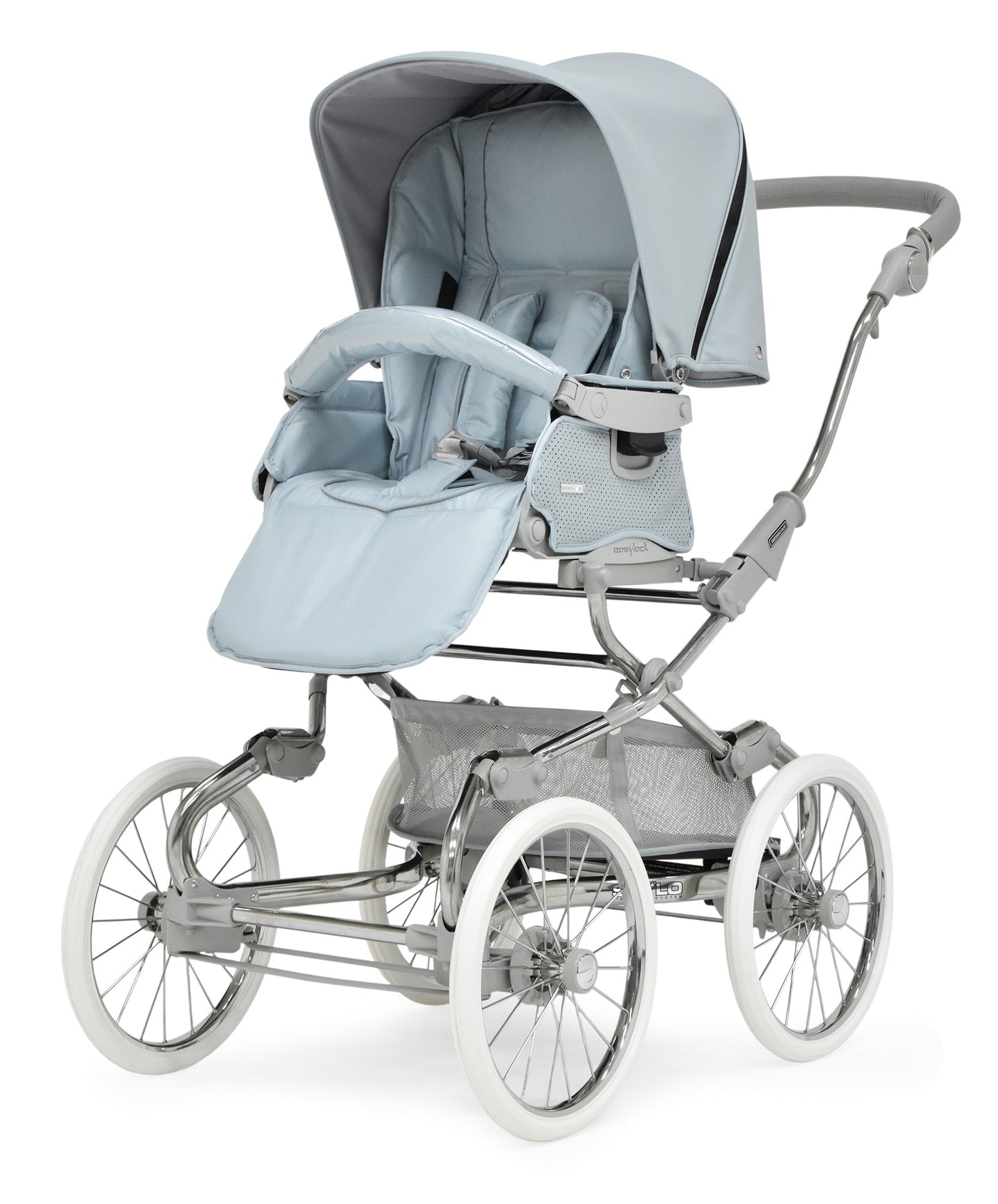 Bebecar stylo class celestine pram and pushchair with light blue and gray classic design and white-walled wheels