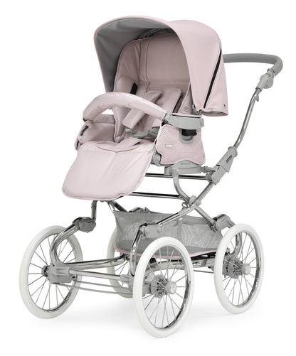 Bebecar Stylo Class Roselle pram with pastel pink and gray fabric, chrome frame, white-walled wheels, and mesh basket